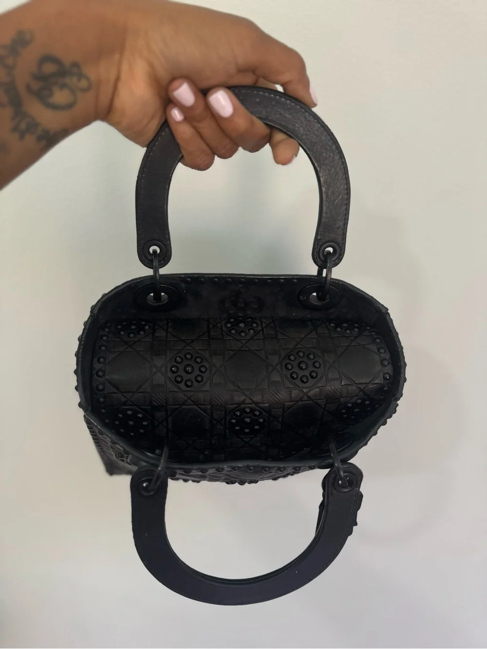 Authentic Dior Lady Dior Medium Matte Black Studded 2 way Bag 2018